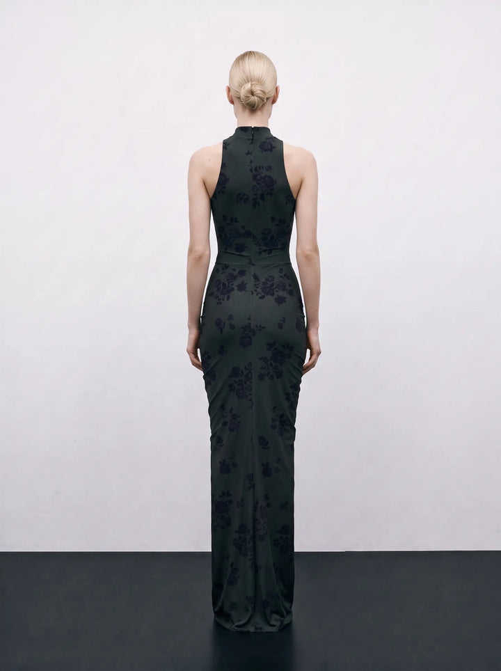 Ivy maxi, dark green biflex maxi dress with black flowers