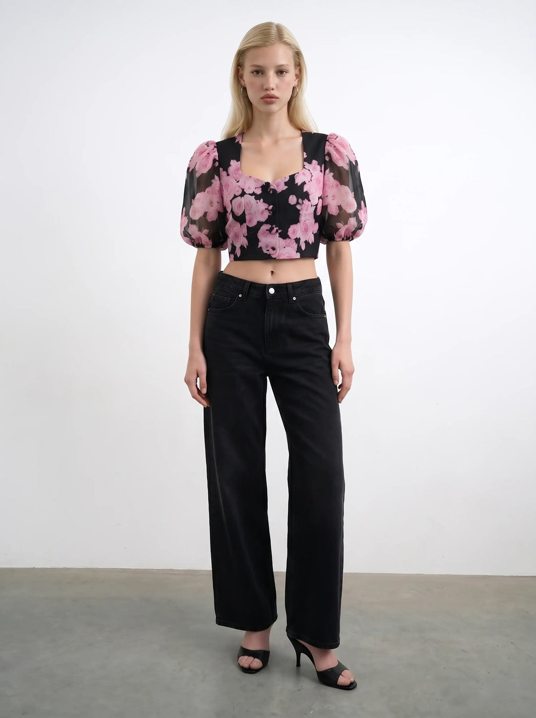 Chanelle, black chiffon top with large pink flowers