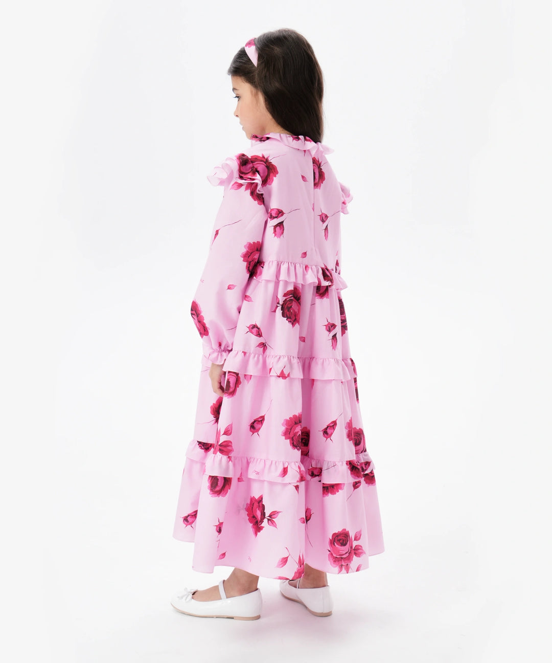 Alisa Frill, children's dress made of pink batiste with large raspberry flowers