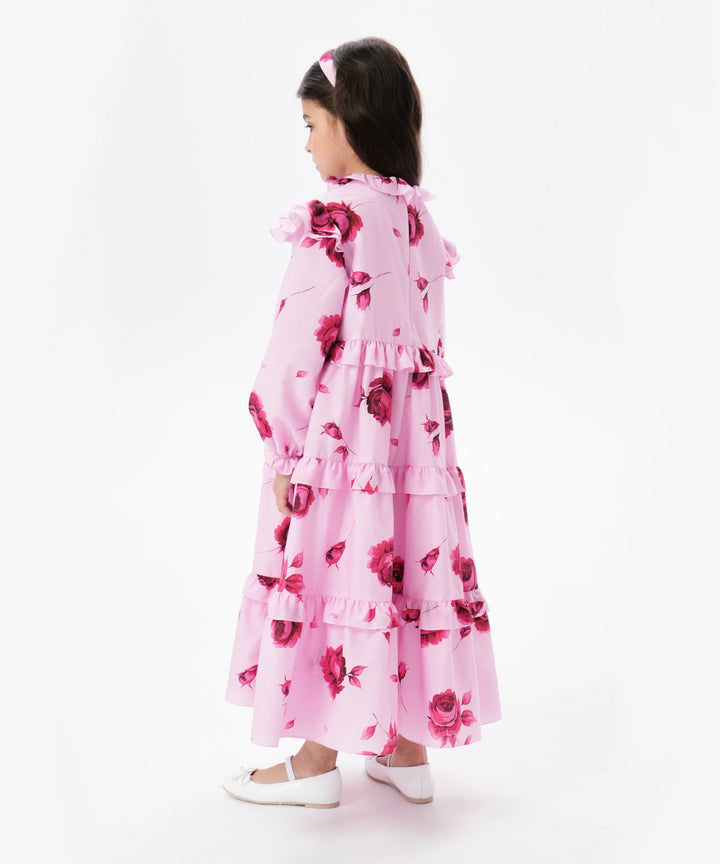Alisa Frill, children's dress made of pink batiste with large raspberry flowers