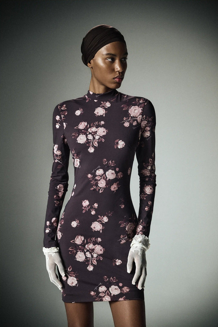Muna mini, mini dress with long sleeves made of chocolate biflex with floral print
