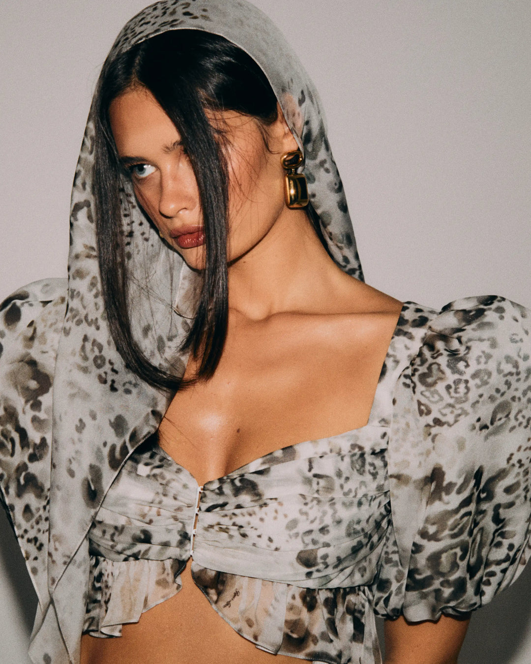 Melissa top, ivory chiffon crop top with animal print