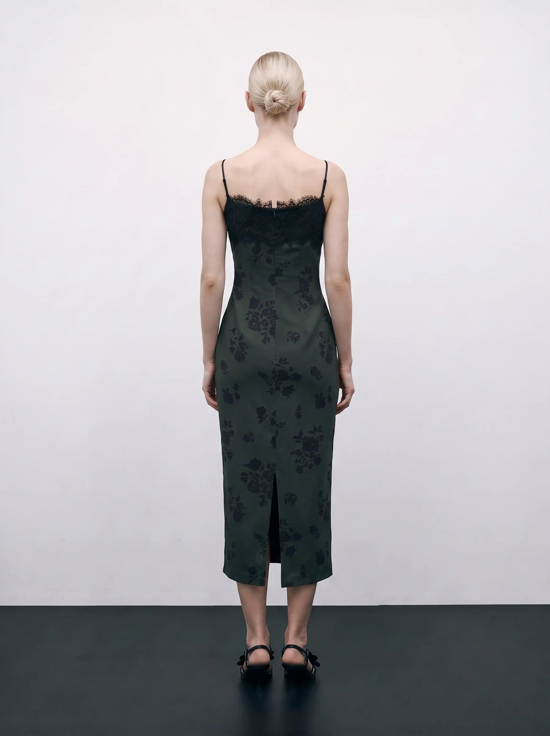 Andreana midi, dark green crepe de chine midi dress with black flowers