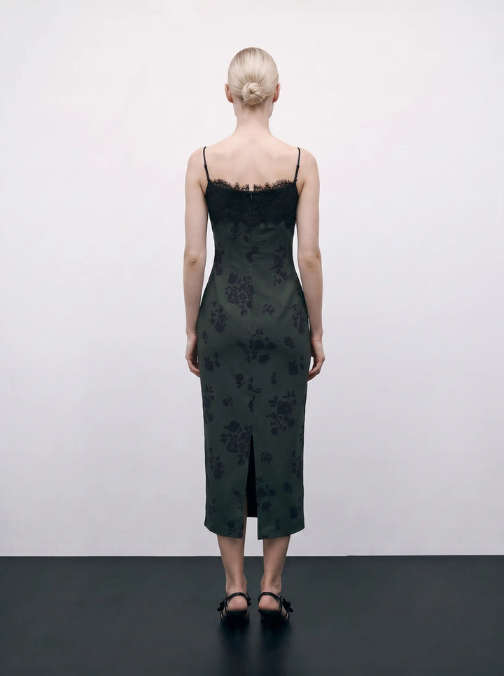 Andreana midi, dark green crepe de chine midi dress with black flowers