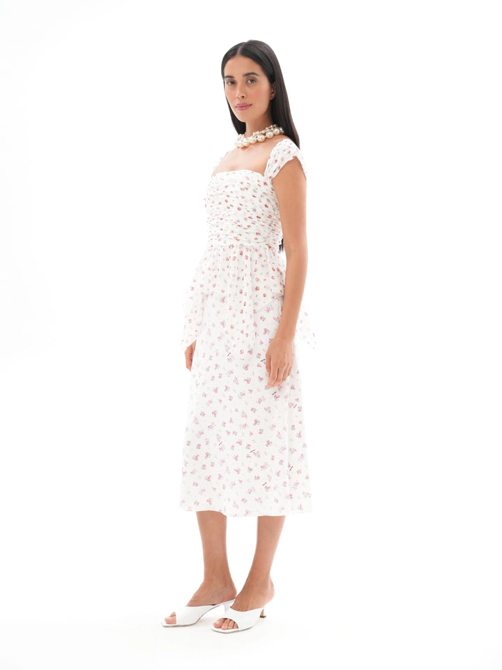 Jean, corset top with asymmetrical peplum, milky white with delicate red blossoms