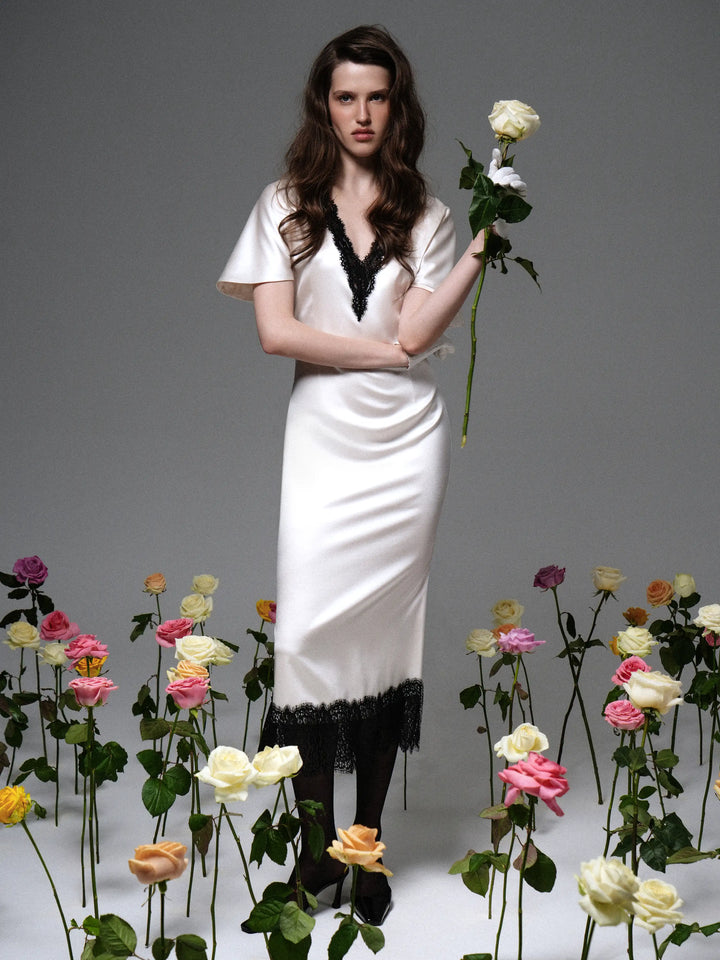 Odette midi, milky satin midi dress with black lace trim