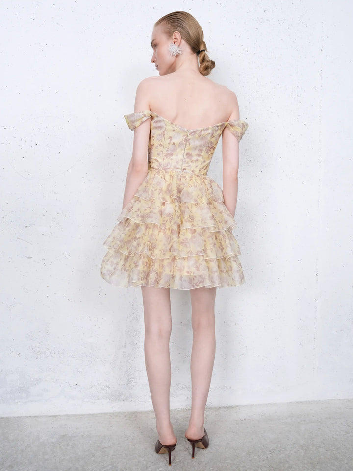 Lisen mini, corset mini dress in yellow organza with a floral print