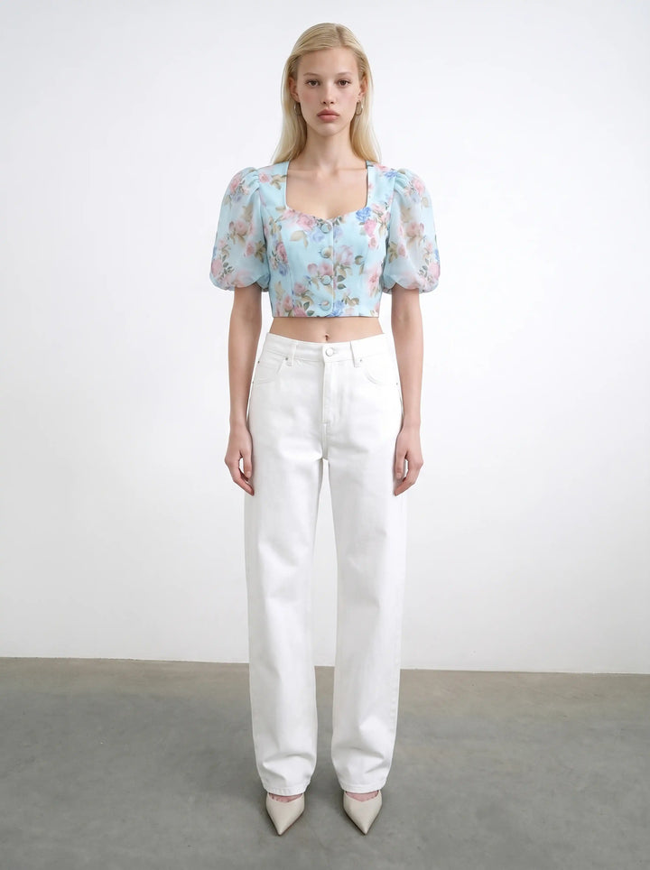 Chanelle, top in blue chiffon with a floral print