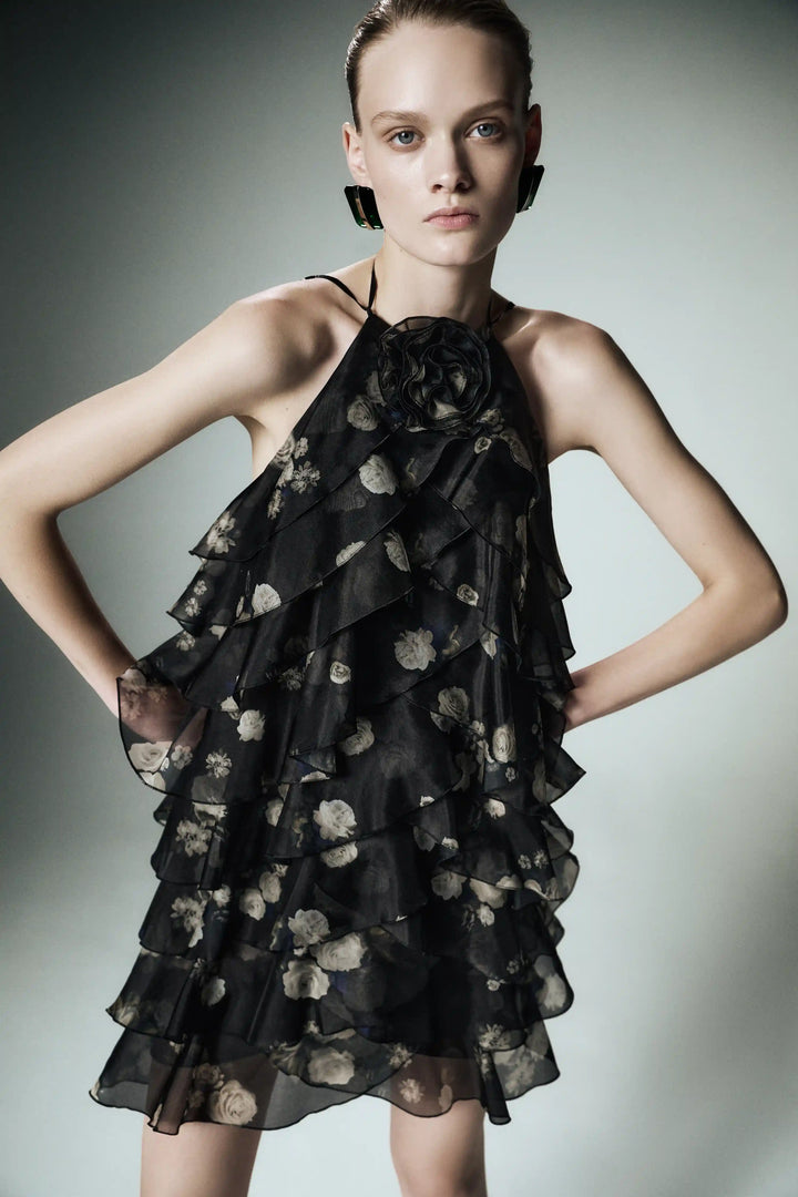 Dahlia, mini dress made of black organza with floral print