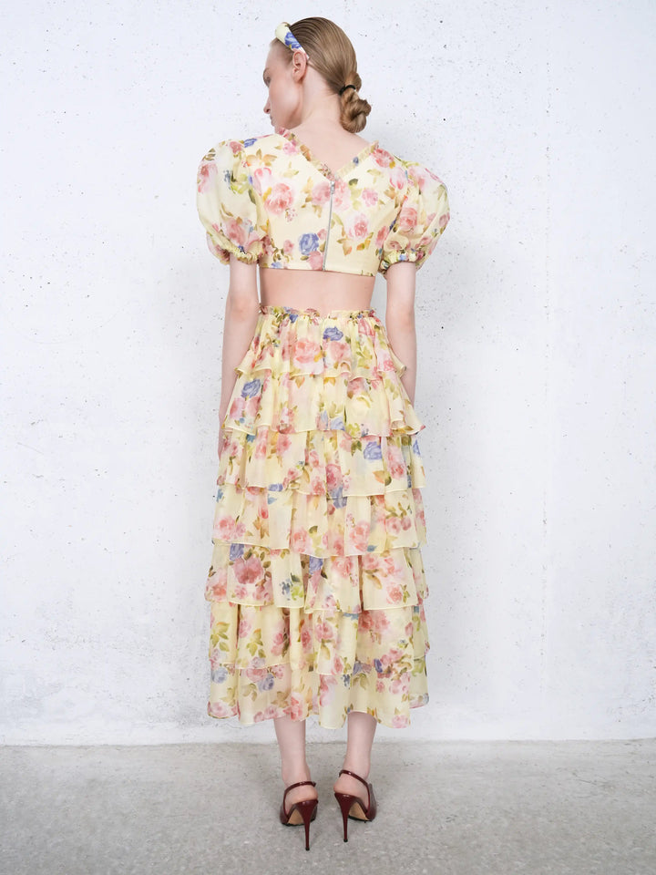 Kelly midi, midi dress in pale yellow chiffon with a floral print