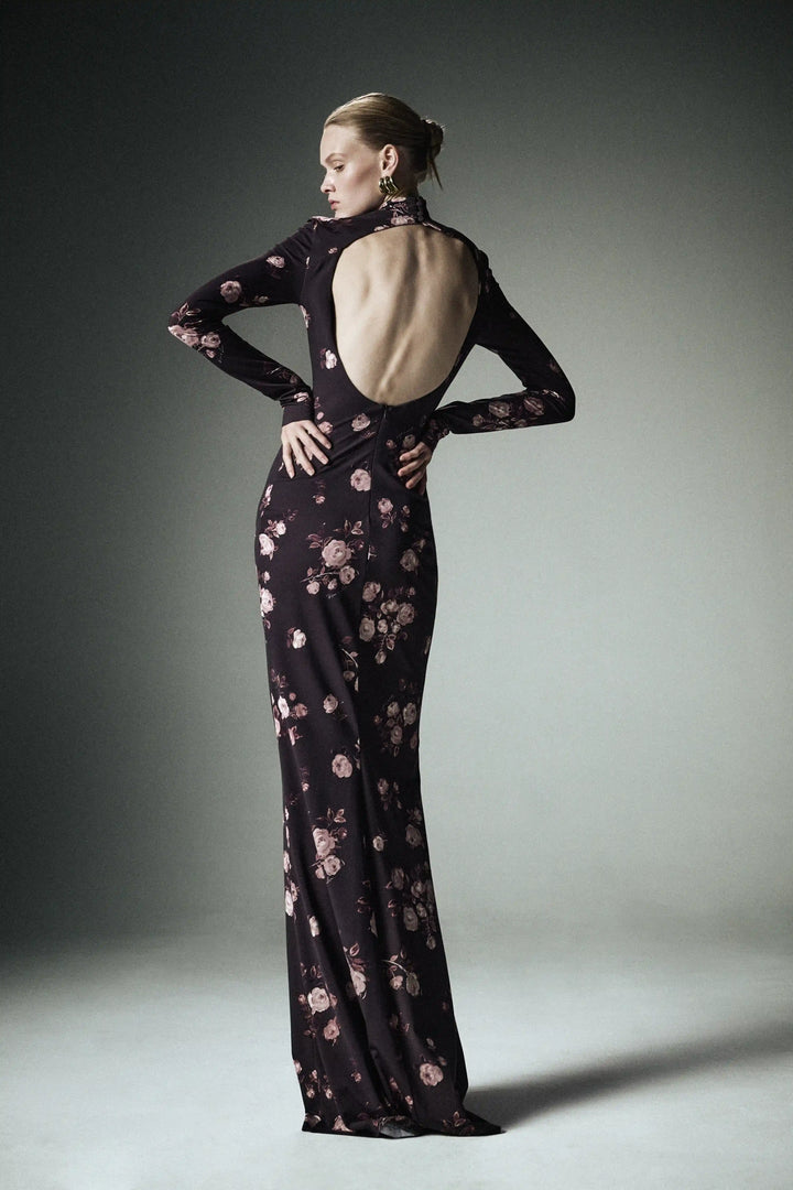 Muna maxi, maxi dress with long sleeves made of chocolate biflex with floral print