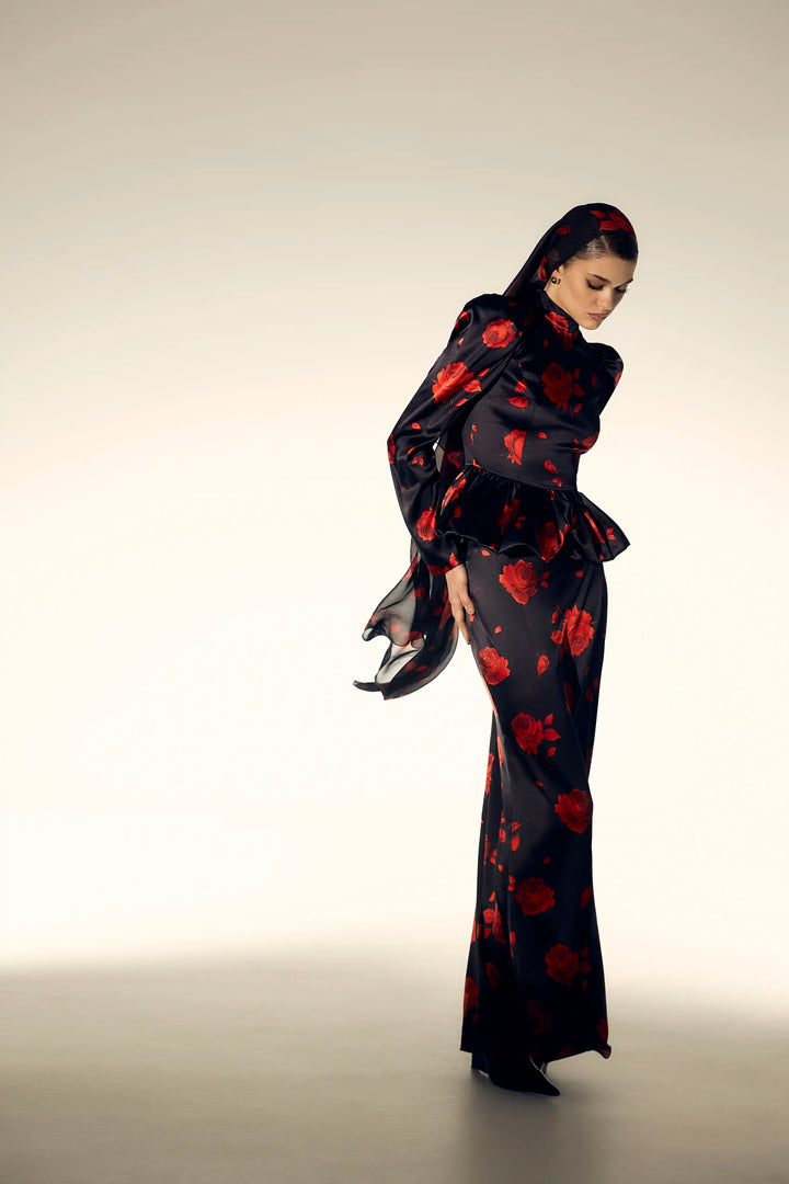 Valisa top, black satin top with a floral print