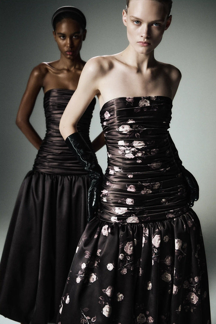 Taylor midi, midi dress made of chocolate satin with floral print
