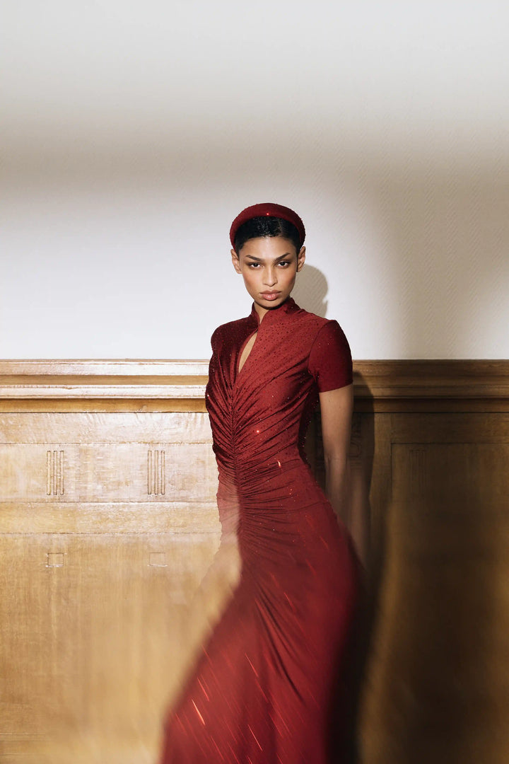 Amanda, chocolate biflex maxi dress embellished with rhinestones