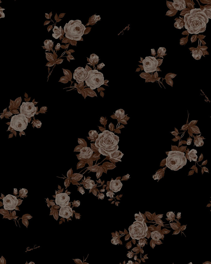 Yasmin, black satin blouse with brown flowers