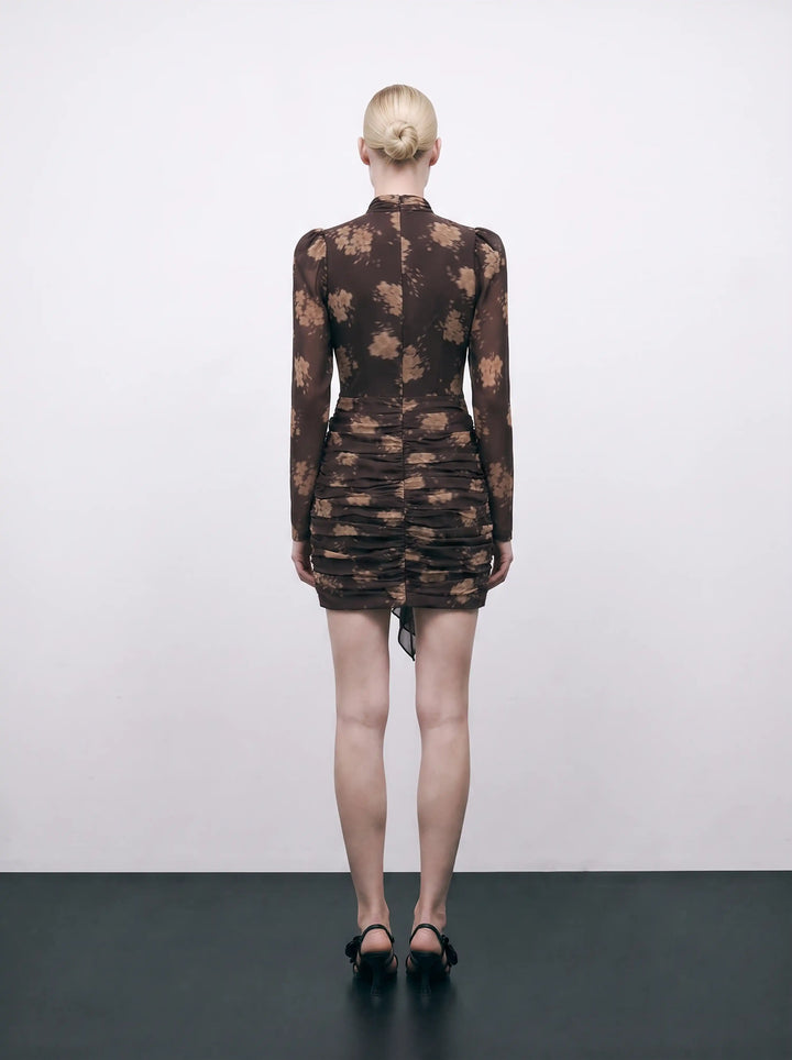 Vienna mini, chocolate chiffon mini dress with beige flowers