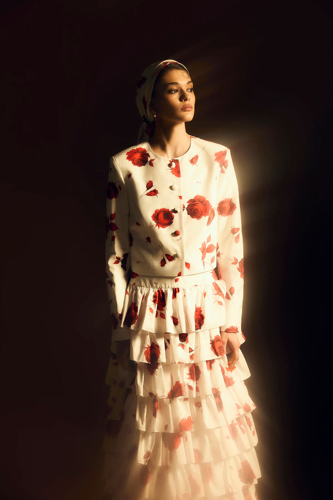 Carmelita maxi, milky batiste ruffled maxi skirt with a floral print