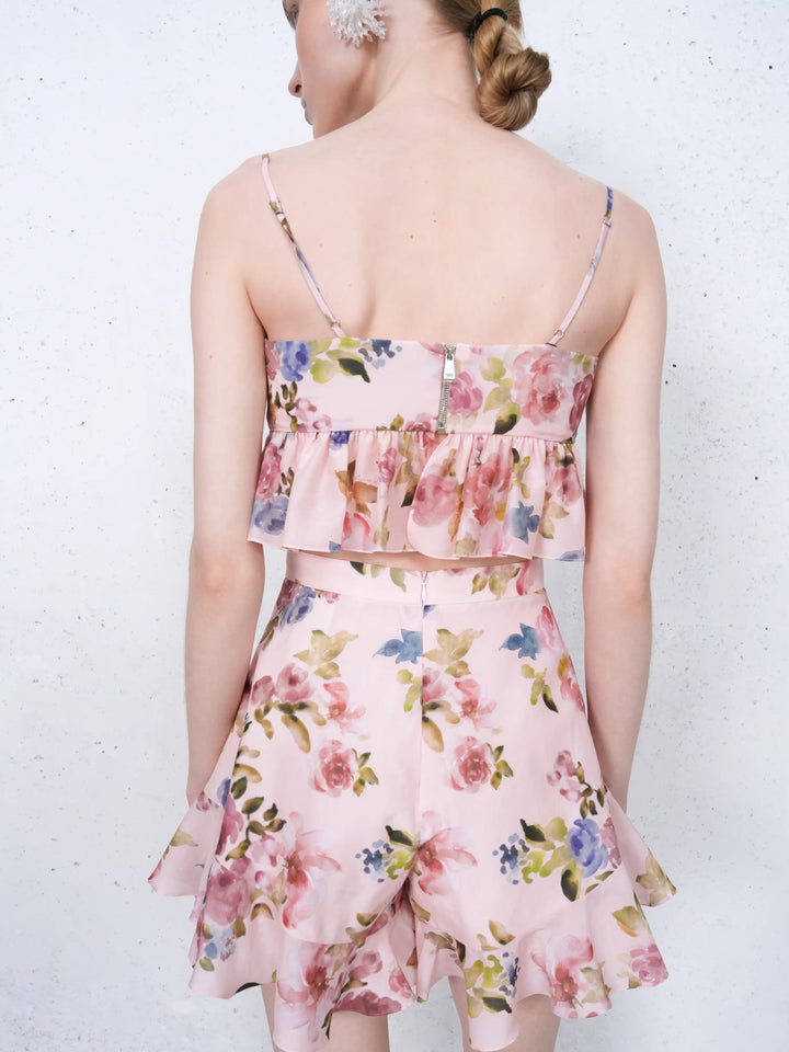 Willow top, top in light pink batiste with a floral print