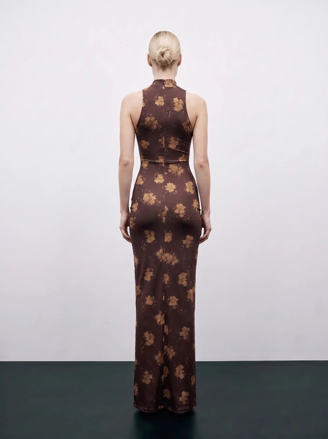 Ivy maxi, chocolate biflex maxi dress with floral print