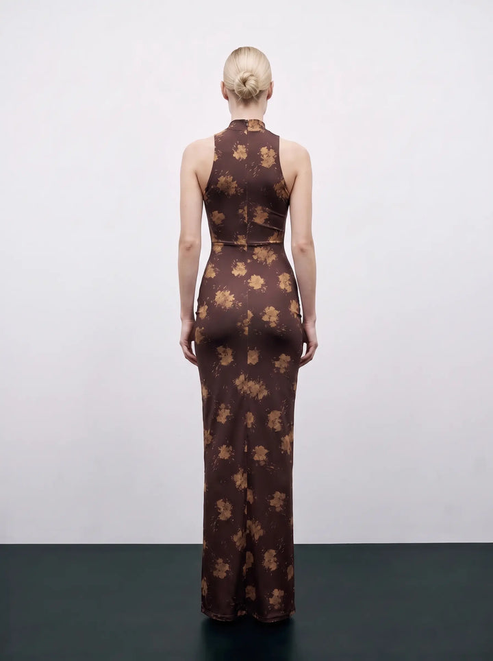 Ivy maxi, chocolate biflex maxi dress with floral print