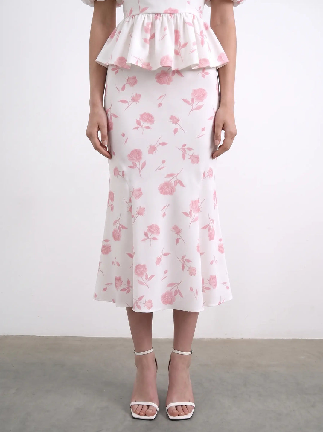 Valerie top, ivory crepe de chine top with medium light pink flowers