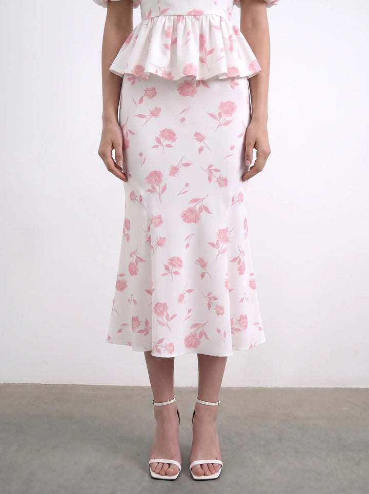 Valerie top, ivory crepe de chine top with medium light pink flowers
