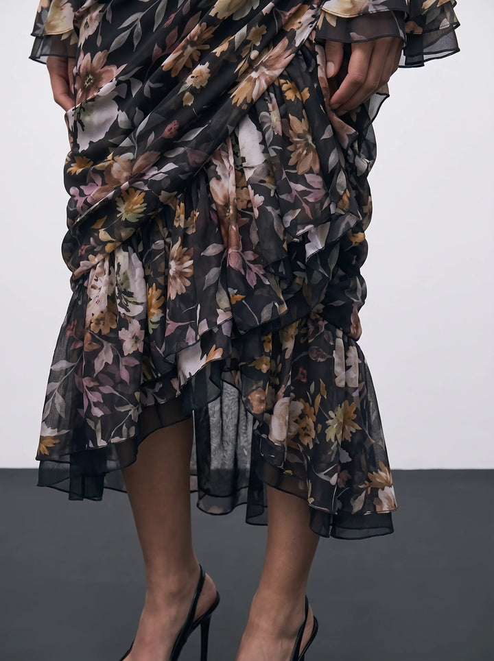 Mira midi, black chiffon midi dress with multicolor floral print