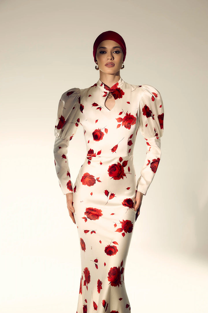 Giannetta maxi, milky satin maxi dress with a floral print