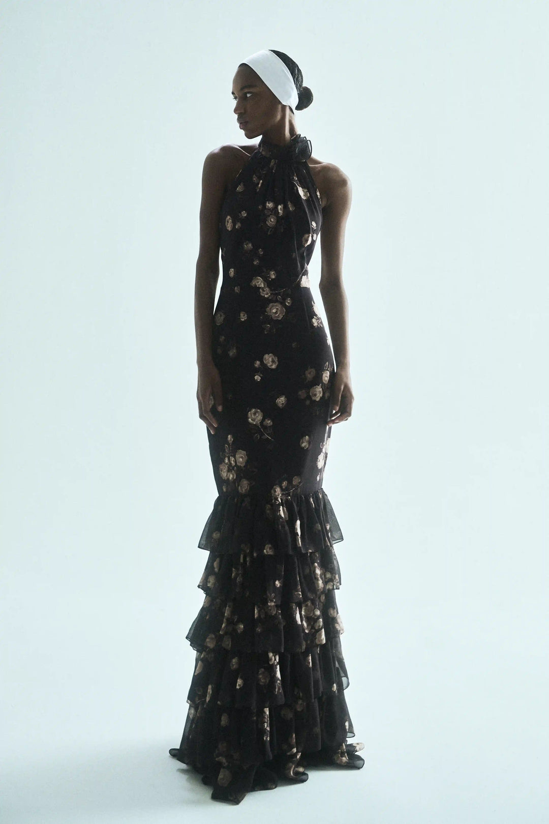 Rozalia, maxi dress made of chocolate chiffon with floral print