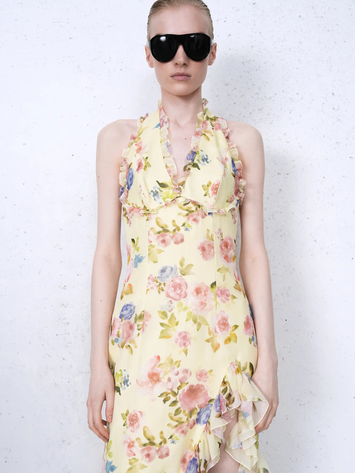 Quora midi, midi dress in pale yellow chiffon with a floral print