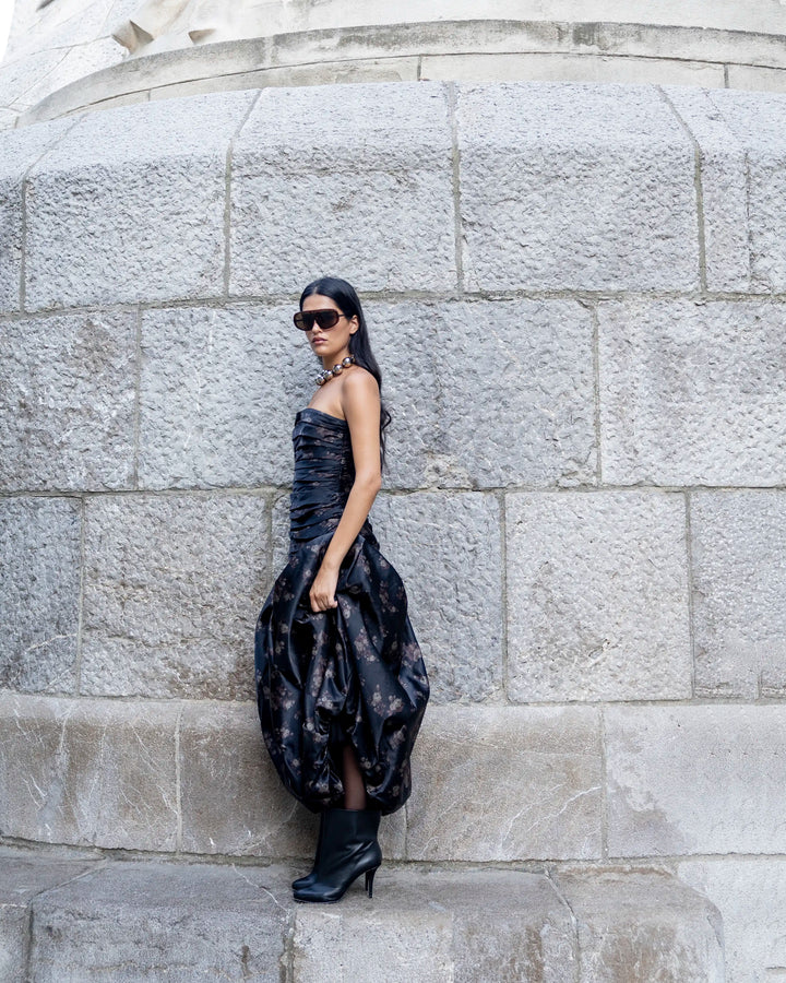 Taylor midi, black taffeta midi dress with brown flowers