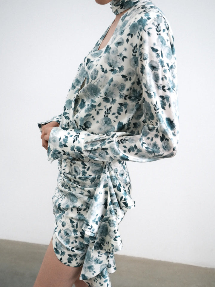 Leah mini, milky satin mini dress with a floral print