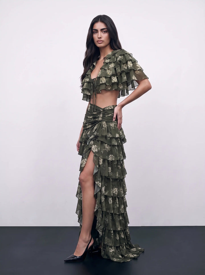 Lissa maxi, khaki chiffon maxi skirt with ivory flowers