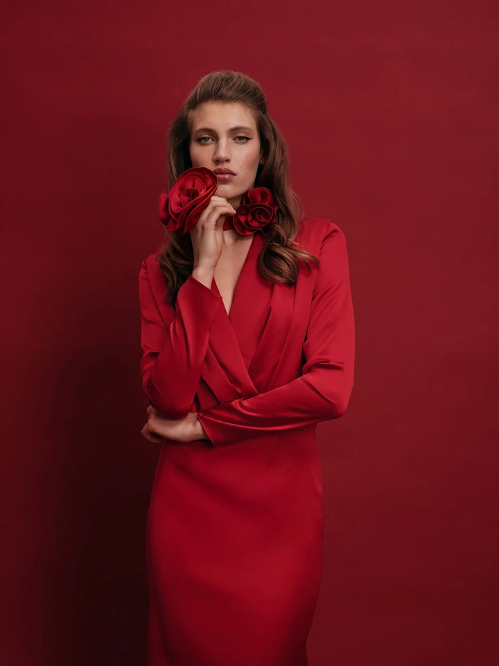 Jasmine Maxi, red satin maxi dress with a rose