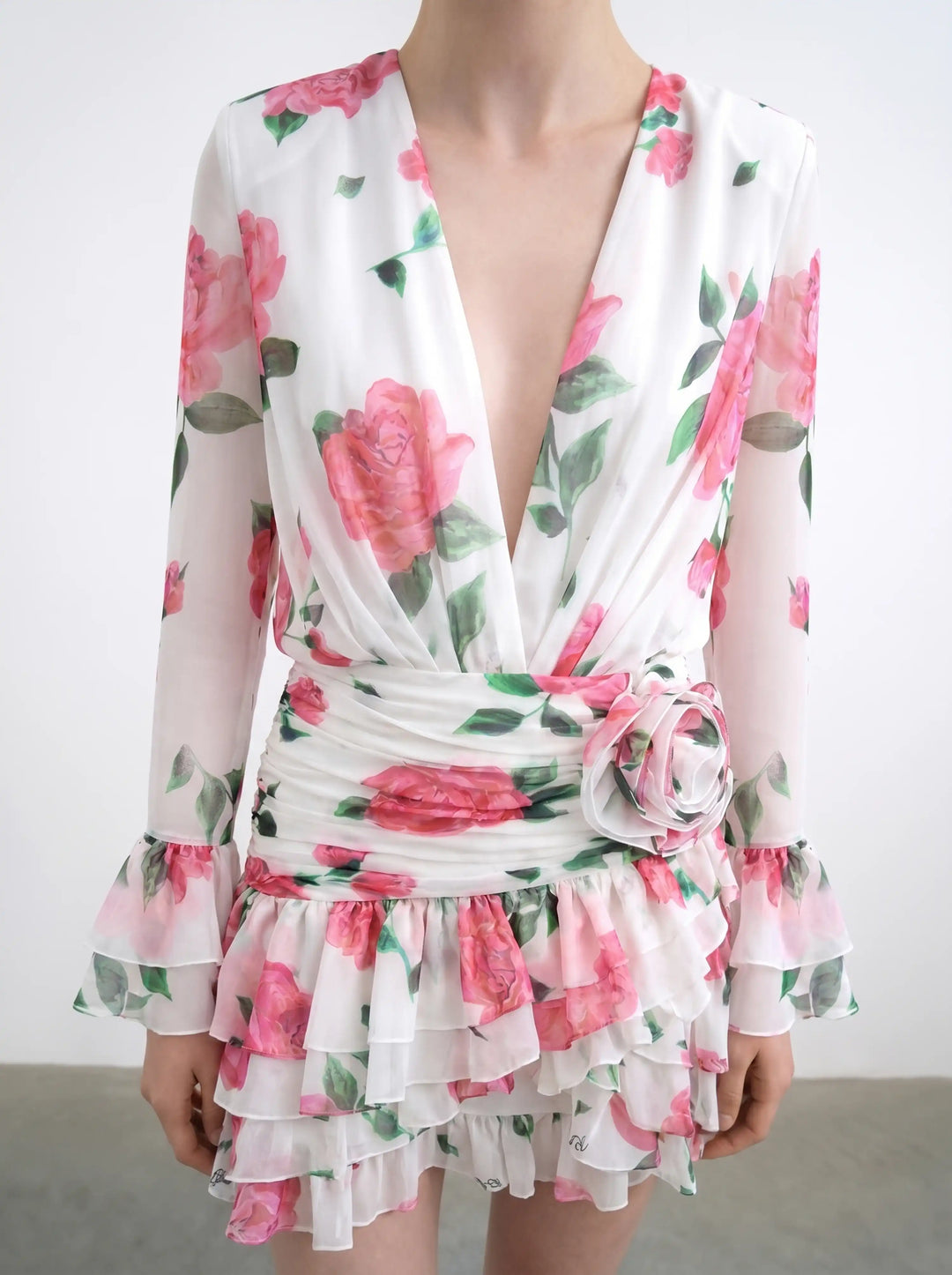 Mira mini, chiffon mini dress in milky with large raspberry flowers