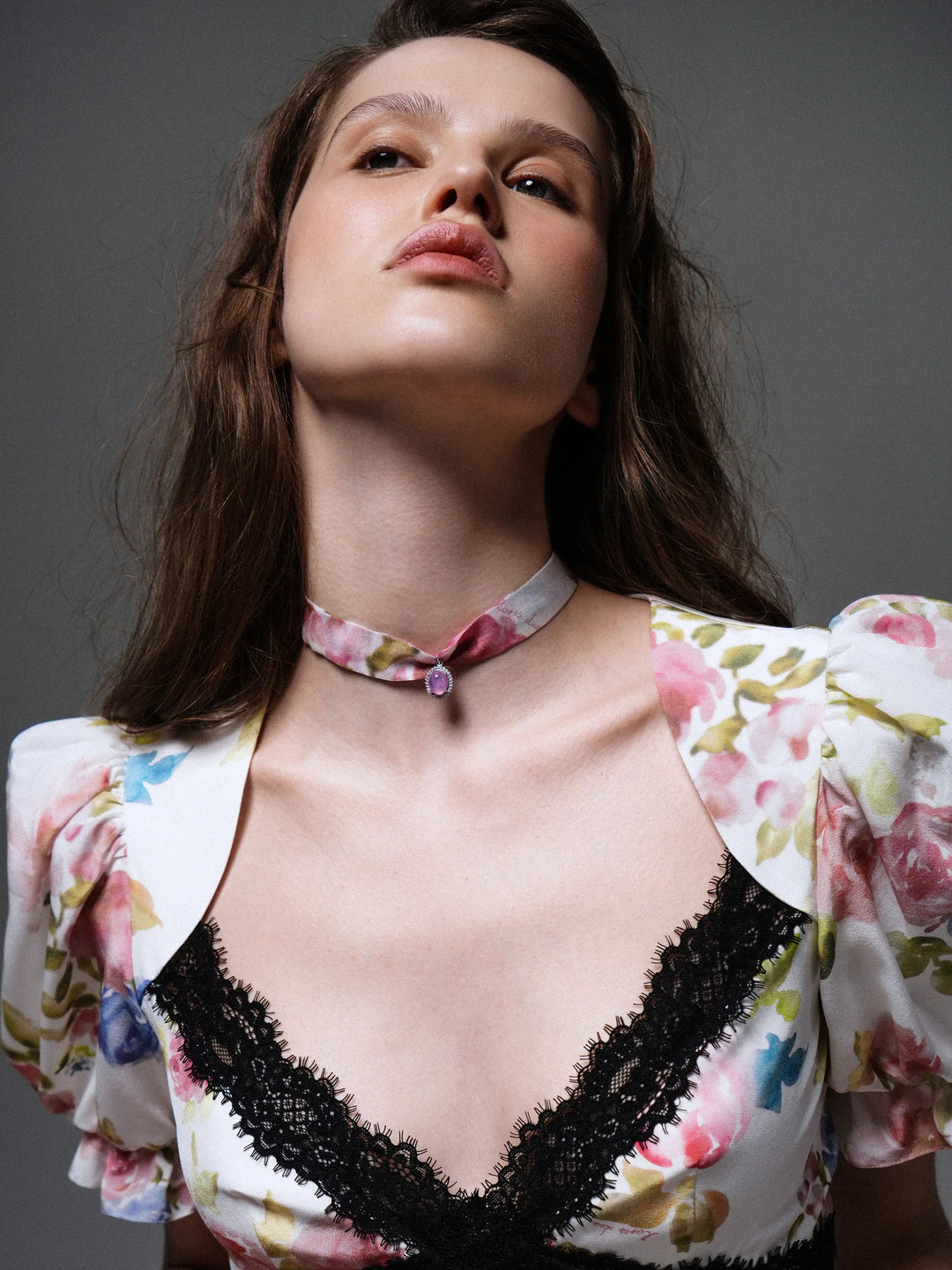 Penny, milky crepe de chine top with a floral print and black lace trim
