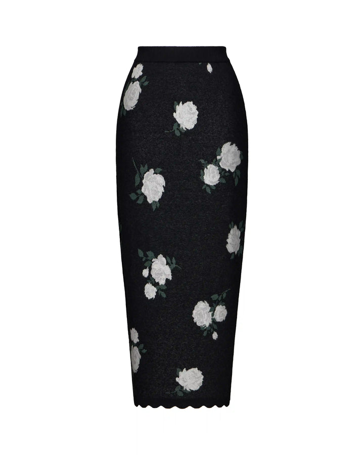 Lana-Trisha, knitted set with midi skirt made of black cotton with floral print