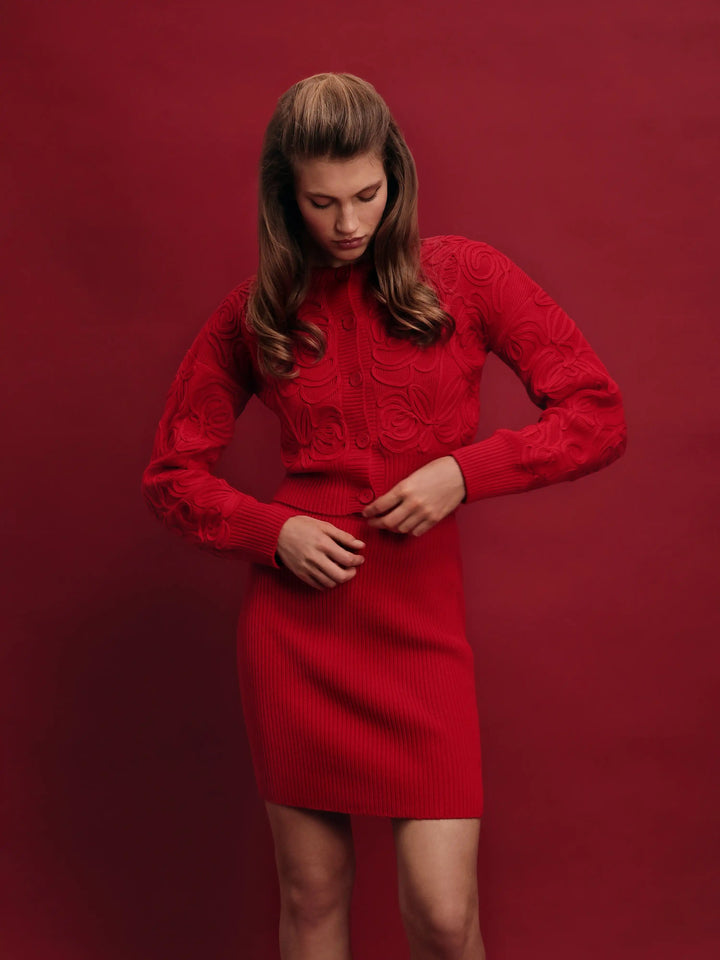 Maryl-Donna mini, knitted set, sweater and skirt mini made of red cotton