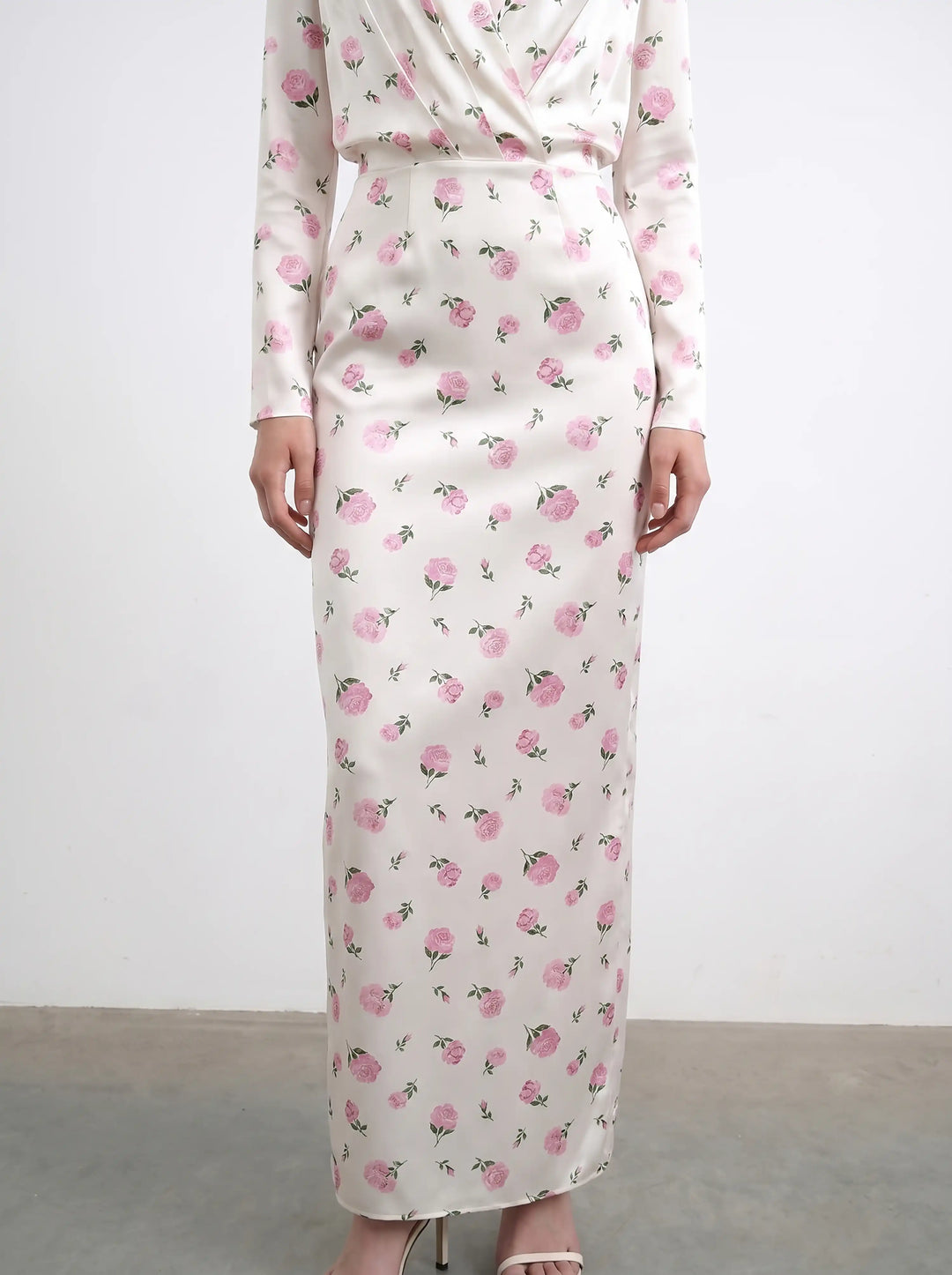 Jasmine maxi, satin maxi dress in milky with medium pink flowers