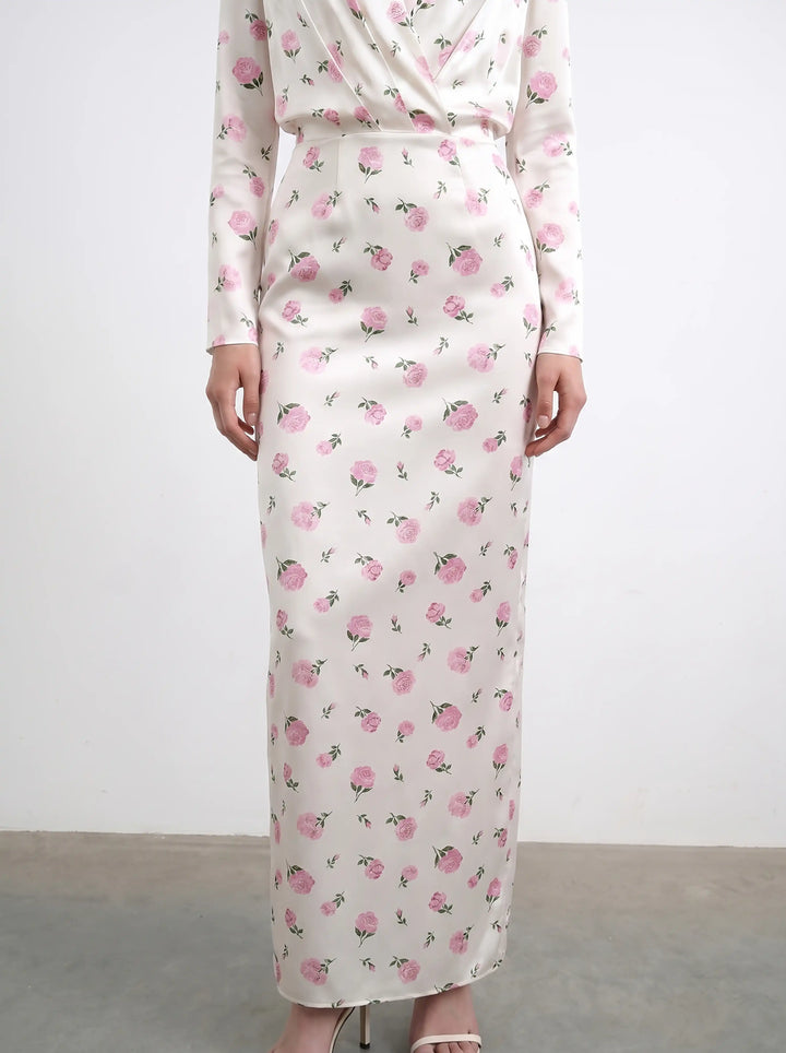 Jasmine maxi, satin maxi dress in milky with medium pink flowers