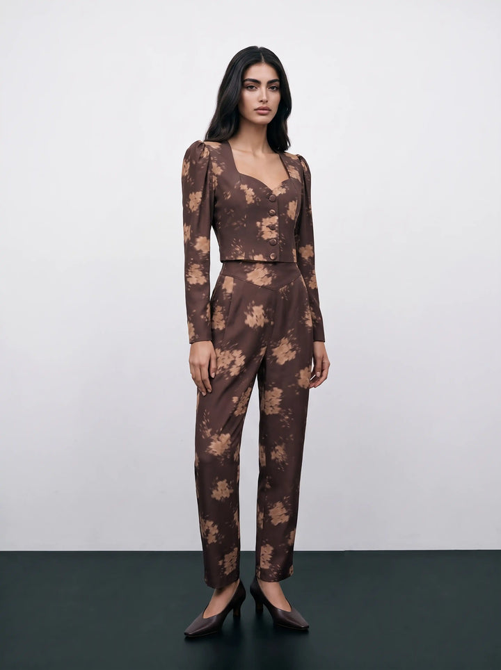 Melinda, chocolate crepe de chine jacket with beige flowers