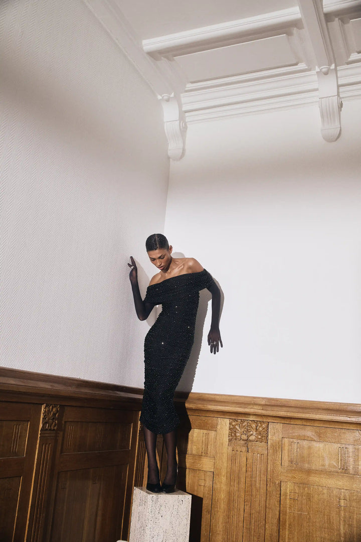 Iren midi, draped midi dress made of black biflex with rhrinestones