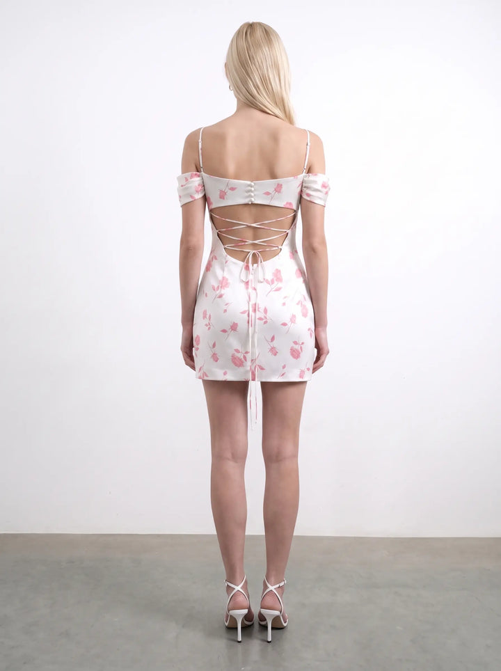 Marlen mini, ivory satin mini dress with medium light pink flowers