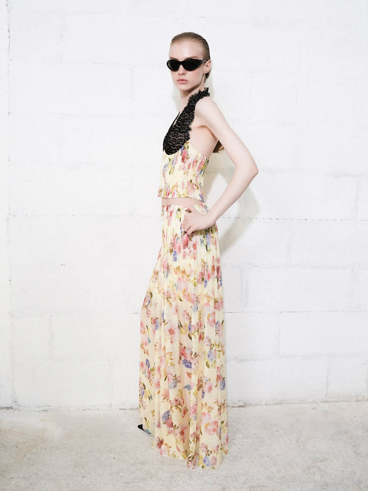 Iya maxi, maxi skirt in pale yellow chiffon with a floral print