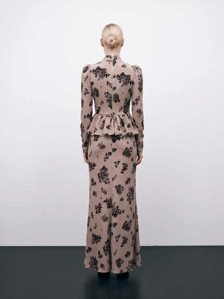 Valisa top, beige crepe de chine top with chocolate flowers