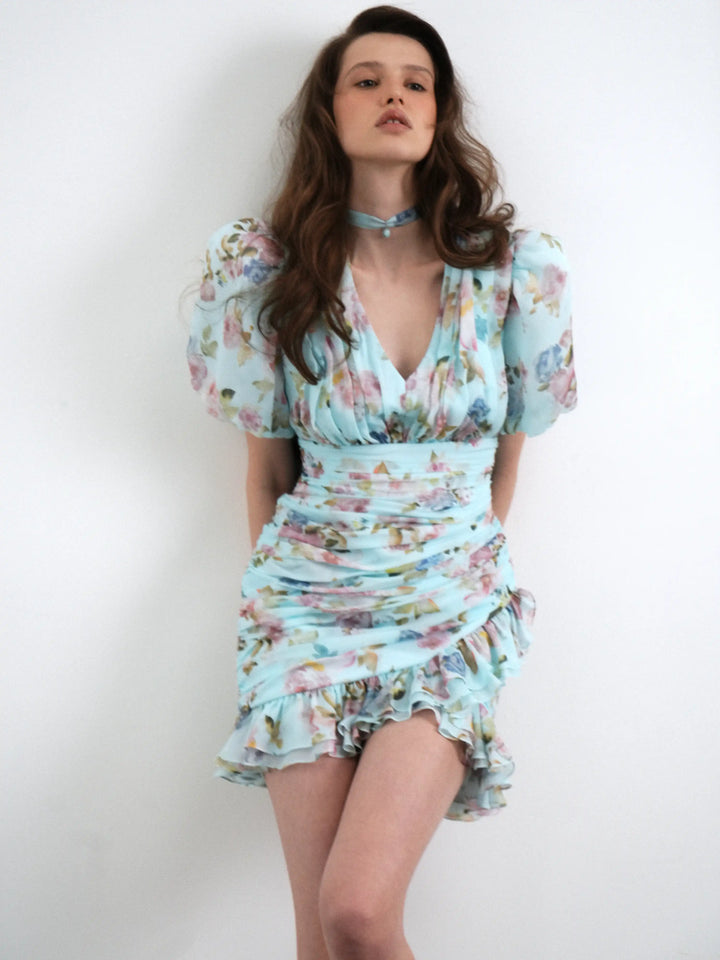 Josephine mini, blue chiffon mini dress with a floral print