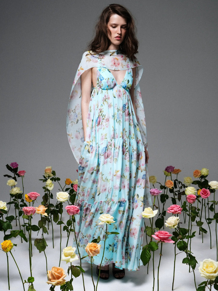 Fleur maxi, blue chiffon maxi dress with a floral print
