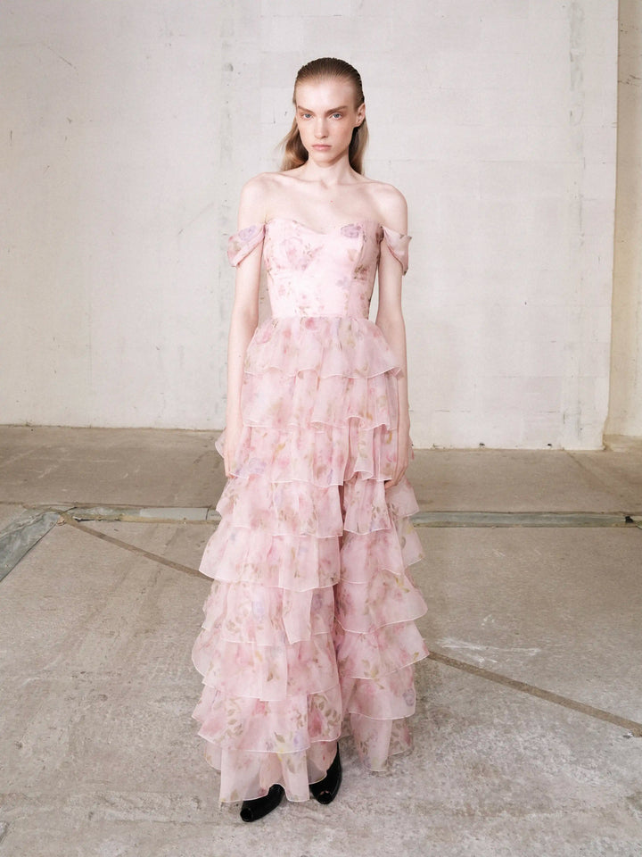 Lisen maxi, corset maxi dress in pink organza with a floral print