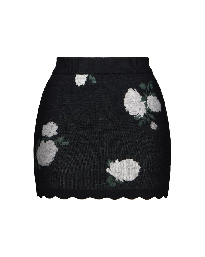 Lana-Tracy, knitted set with mini skirt made of black cotton with floral print