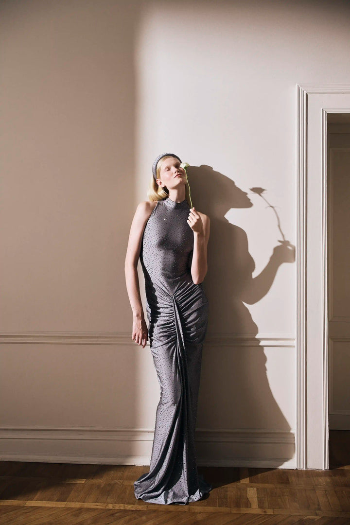 Ivy maxi, maxi dress made of gray biflex with rhinestones